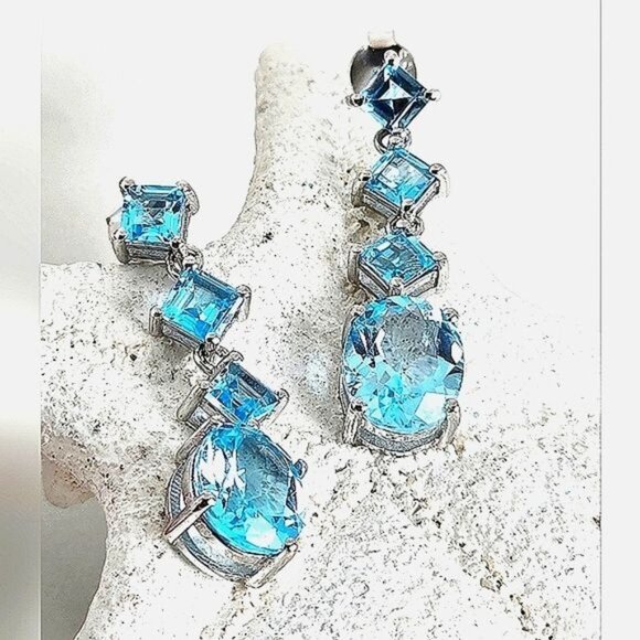 Natural Sky Blue Topaz 925 Sterling Silver Earrings - Picture 1 of 7